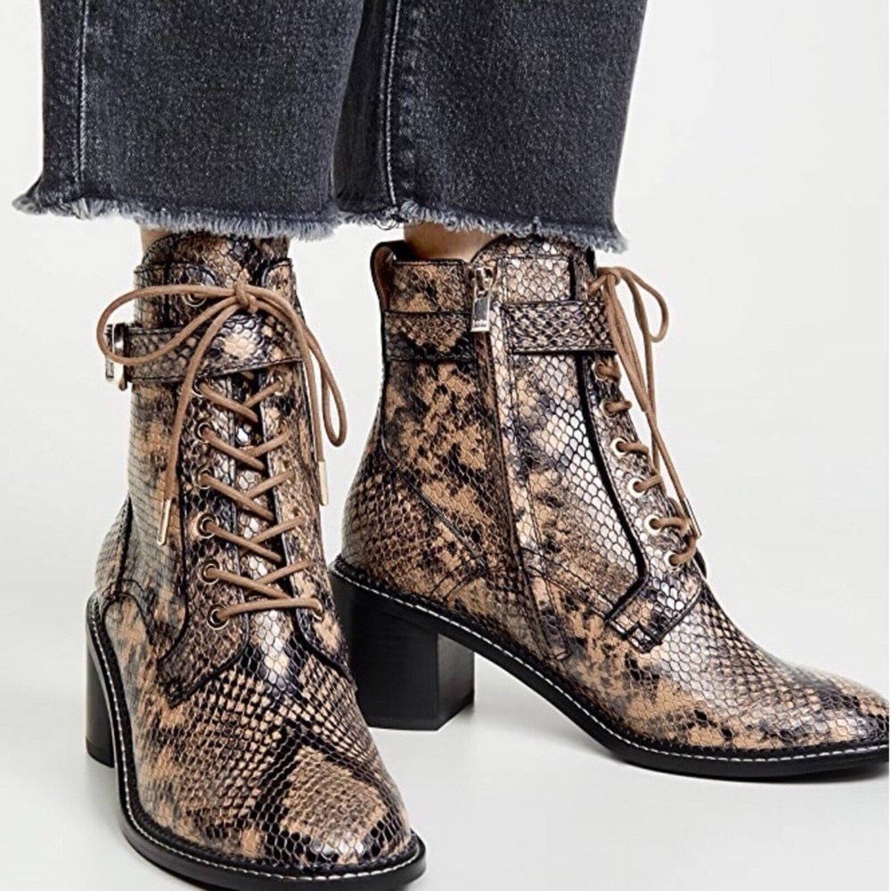 EUC Joie Raster Leather Reptile Snakeskin Buckle Combat Moto Boot Booties Heels